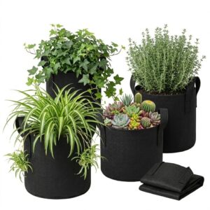 pack 5 macetas redondas geotextil 18, 21 y 27 litros