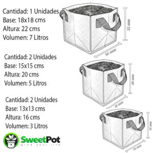pack 5 macetas cuadradas geotextil 3, 5 y 7 litros