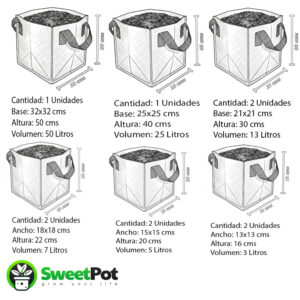 pack 5 macetas cuadradas geotextil 13, 25 y 50 litros (copia)