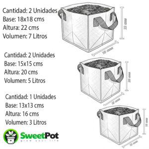 pack 5 macetas cuadradas geotextil 3, 5 y 7 litros