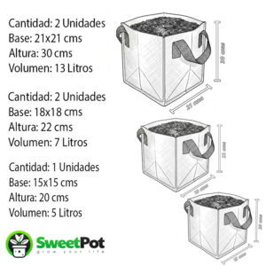 pack 5 macetas cuadradas geotextil 5, 7 y 13 litros (copia)