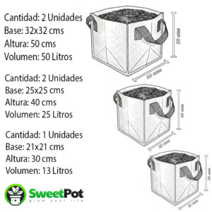 pack 5 macetas cuadradas geotextil 13, 25 y 50 litros (copia)