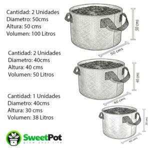pack 5 macetas redondas geotextil 38, 50 y 100 litros