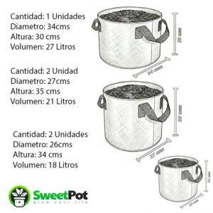 pack 5 macetas redondas geotextil 18, 21 y 27 litros