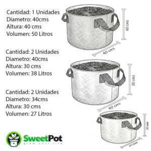 pack 5 macetas redondas geotextil 18, 21 y 27 litros (copia)
